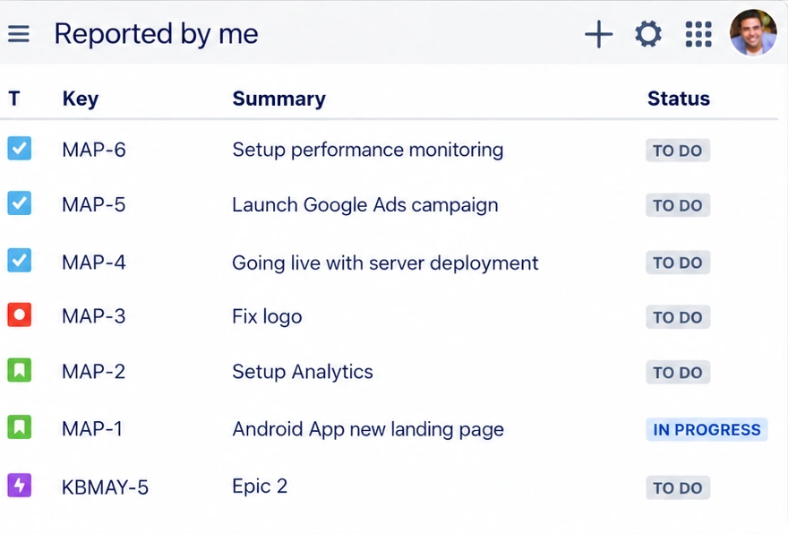 The Jira for Chrome popup listing issues from the built-in Reported by me filter with their status pills