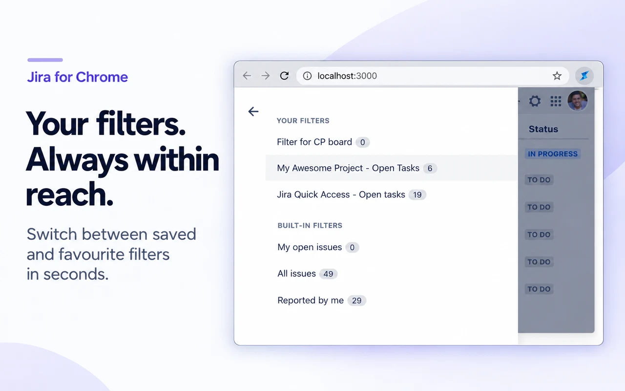 Your filters. Always within reach. The open filter drawer lists saved and built-in filters with issue counts.