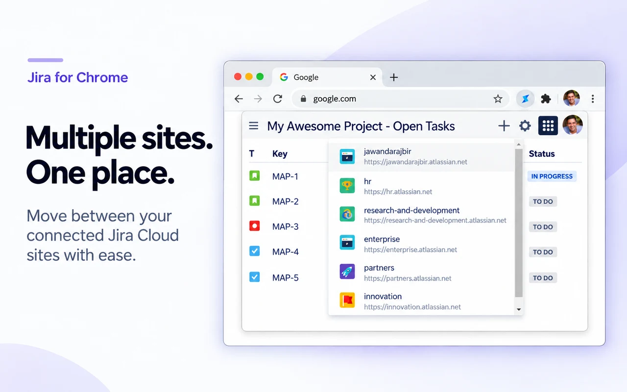 Multiple sites. One place. The site selector lists six connected Jira Cloud sites.